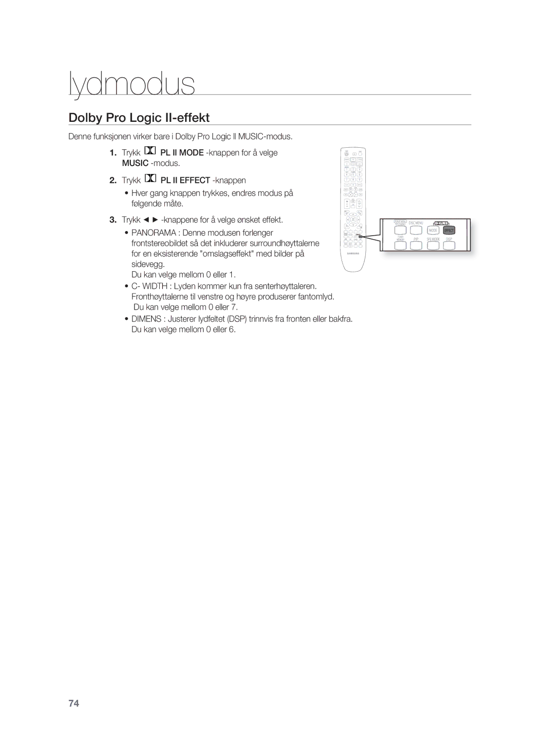 Samsung HT-BD1252R/XEE, HT-BD1255R/XEE, HT-BD1250R/XEE manual Dolby Pro Logic II-effekt 