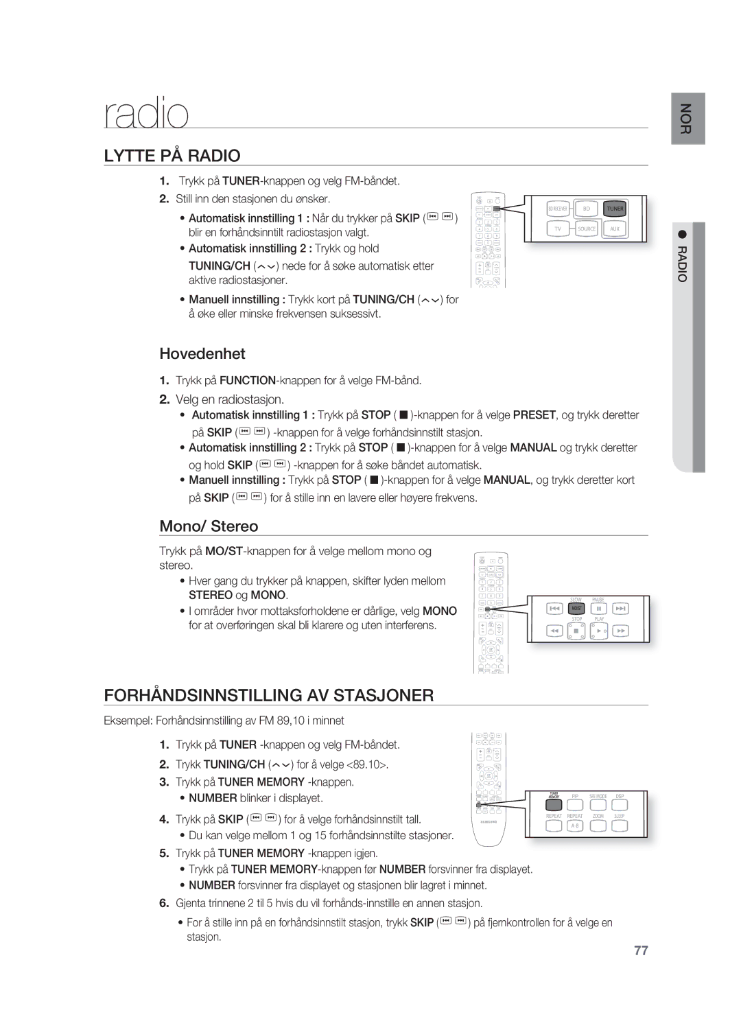 Samsung HT-BD1252R/XEE, HT-BD1255R/XEE manual Lytte PÅ Radio, Forhåndsinnstilling AV Stasjoner, Hovedenhet, Mono/ Stereo 