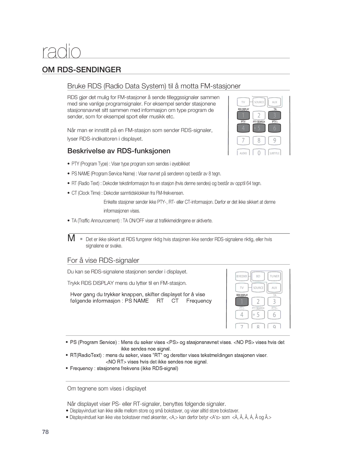 Samsung HT-BD1255R/XEE Om Rds-Sendinger, Bruke RDS Radio Data System til å motta FM-stasjoner, For å vise RDS-signaler 