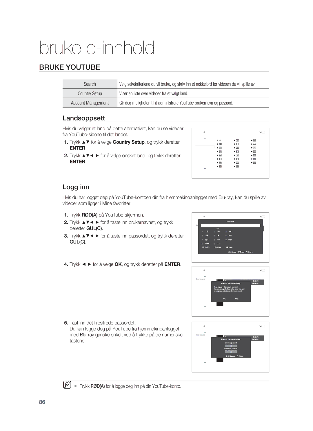 Samsung HT-BD1252R/XEE, HT-BD1255R/XEE, HT-BD1250R/XEE manual Bruke e-innhold, Bruke Youtube, Landsoppsett, Logg inn 