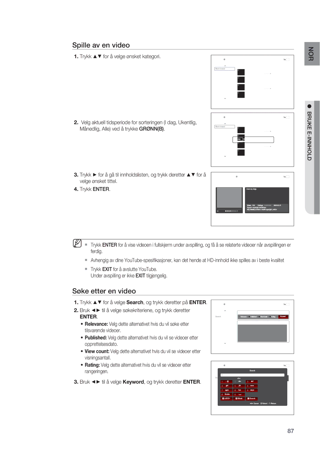 Samsung HT-BD1255R/XEE manual Spille av en video, Søke etter en video, Bruk til å velge søkekriteriene, og trykk deretter 