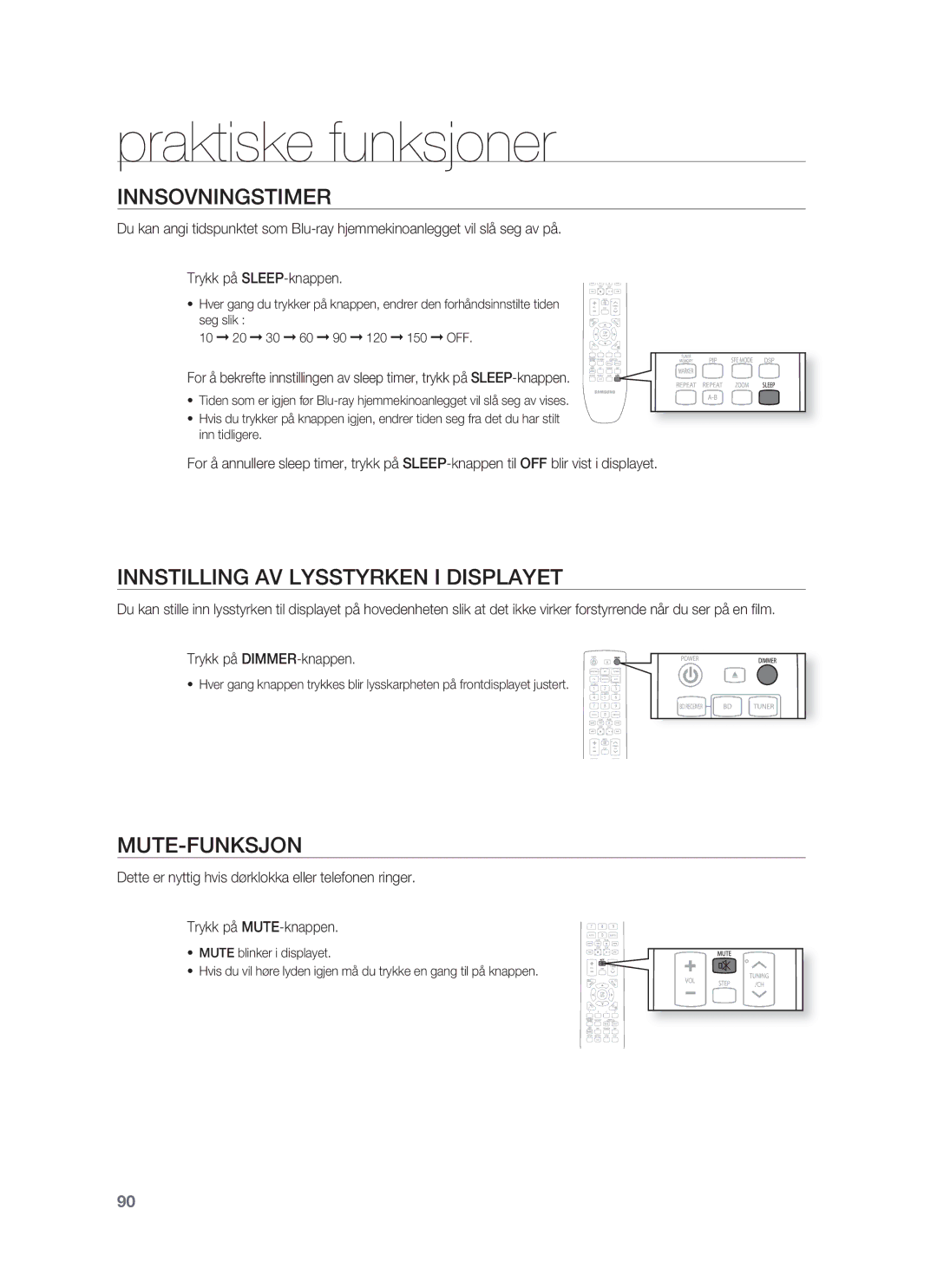 Samsung HT-BD1255R/XEE manual Praktiske funksjoner, Innsovningstimer, Innstilling AV Lysstyrken I Displayet, Mute-Funksjon 