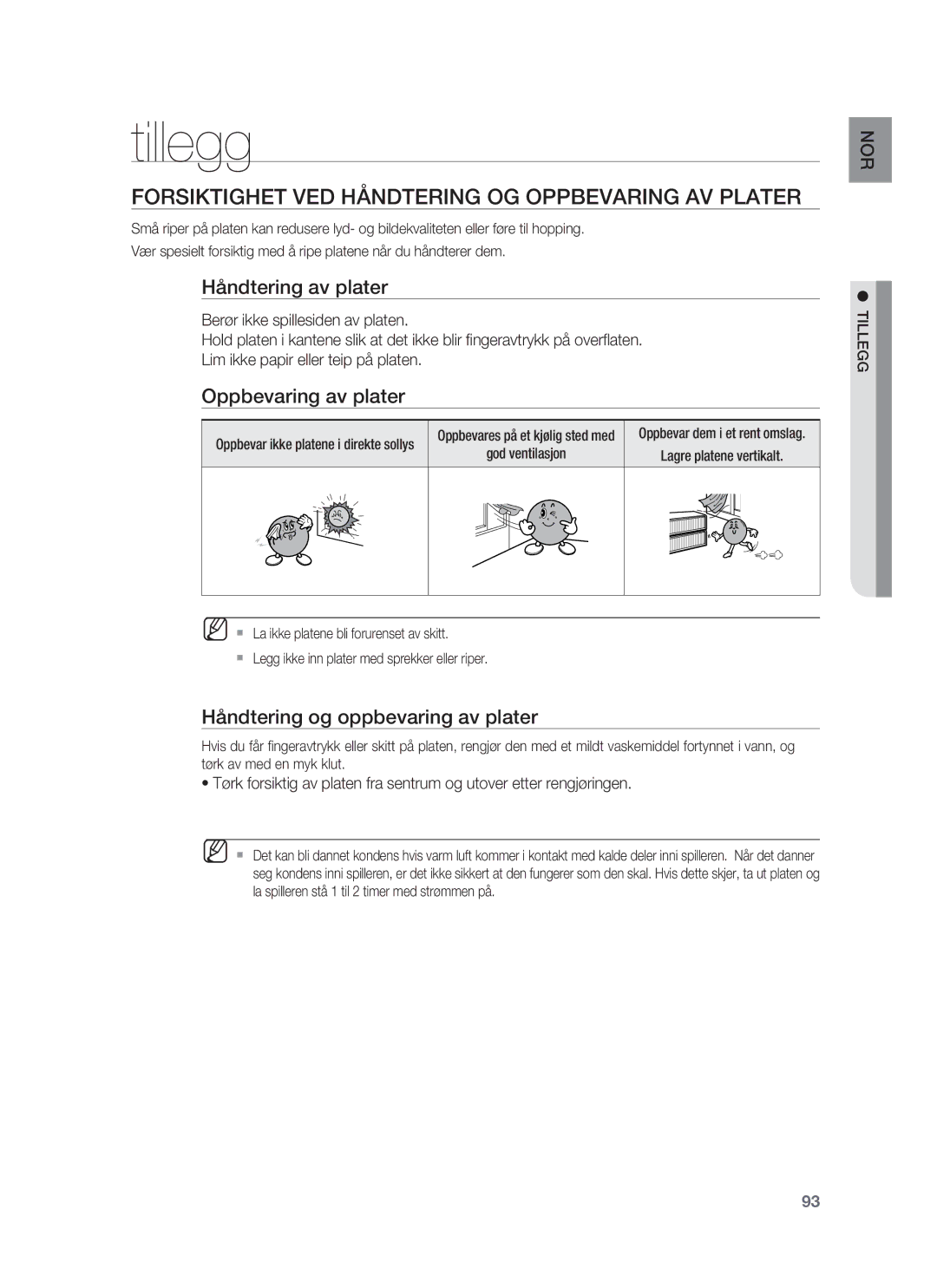 Samsung HT-BD1255R/XEE, HT-BD1250R/XEE Tillegg, Forsiktighet VED Håndtering OG Oppbevaring AV Plater, Håndtering av plater 