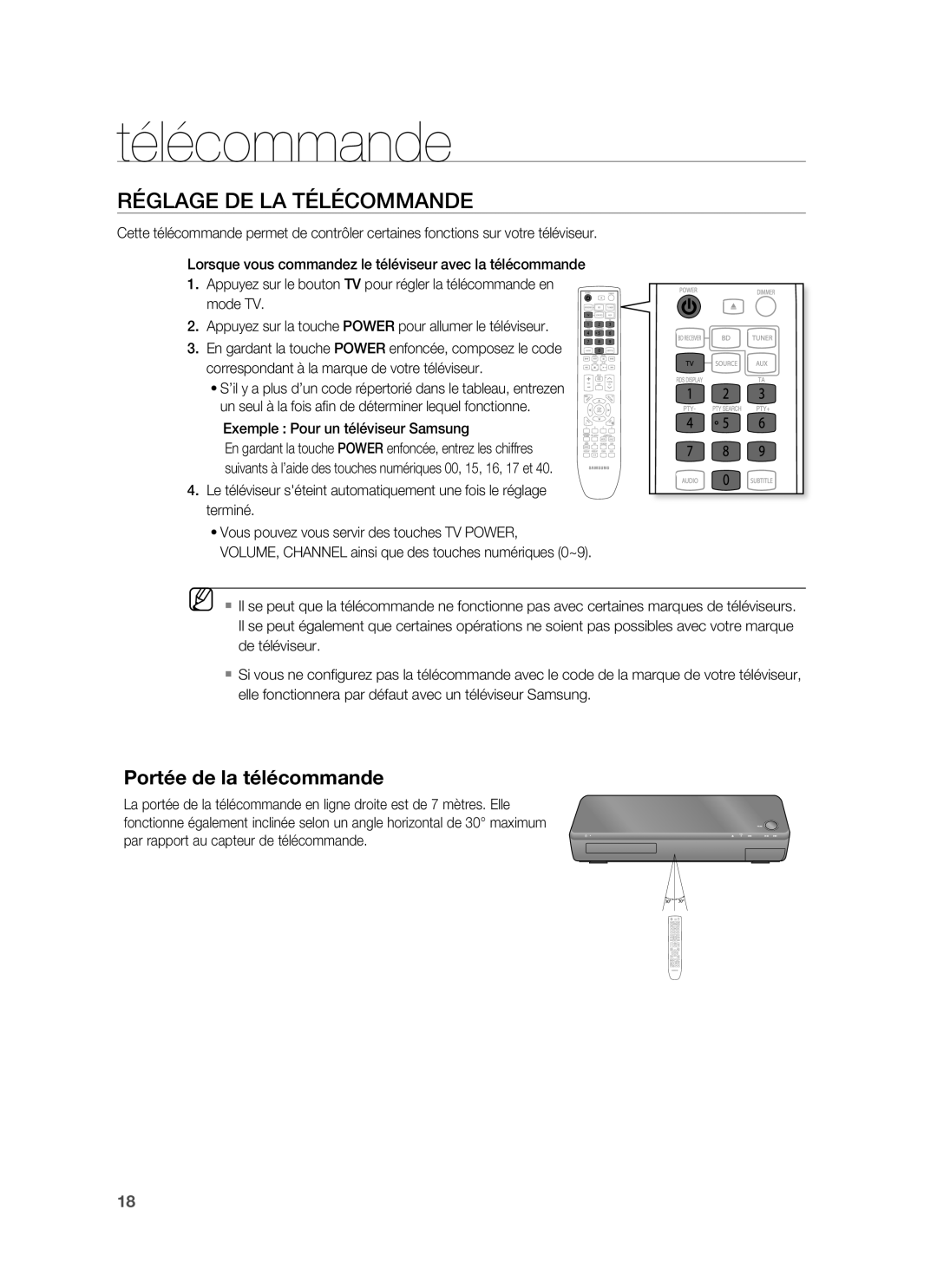 Samsung HT-BD1255R/XEF, HT-BD1250R/XEF manual Réglage DE LA Télécommande, Exemple Pour un téléviseur Samsung 