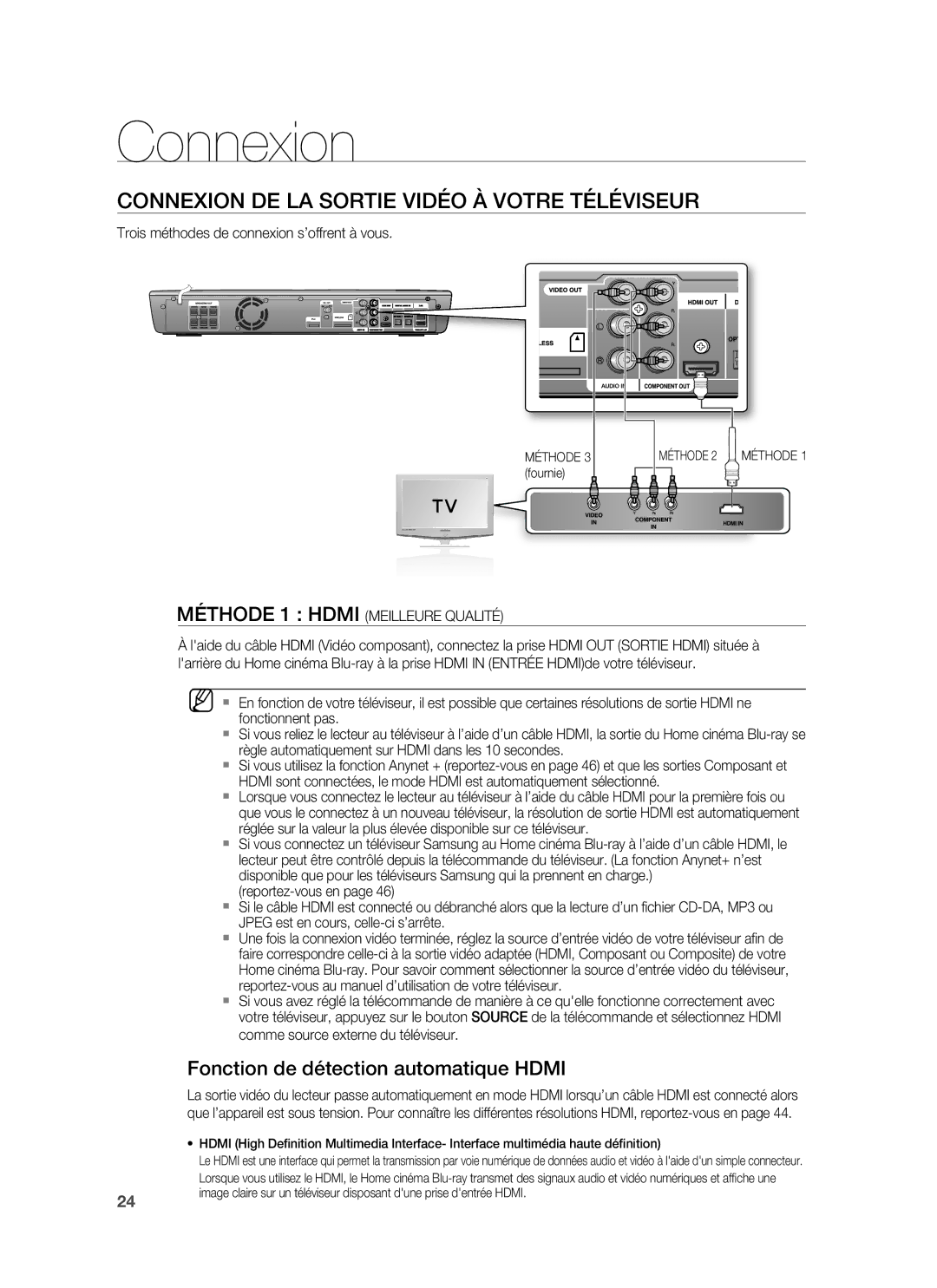 Samsung HT-BD1255R/XEF manual Connexion DE LA Sortie Vidéo À Votre Téléviseur, Fonction de détection automatique Hdmi 