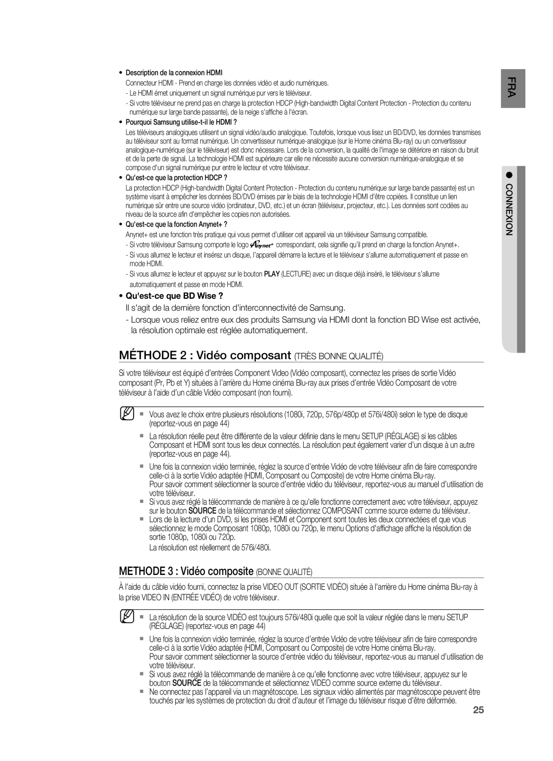 Samsung HT-BD1250R/XEF manual Méthode 2 Vidéo composant Très Bonne Qualité, Methode 3 Vidéo composite Bonne Qualité 