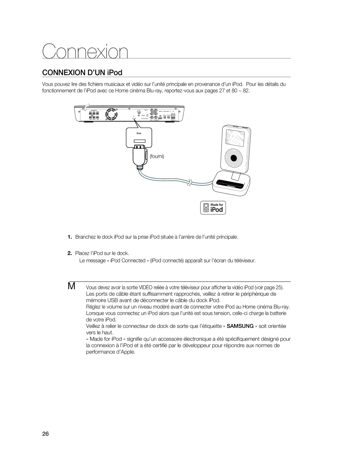 Samsung HT-BD1255R/XEF, HT-BD1250R/XEF manual Connexion D’UN iPod 