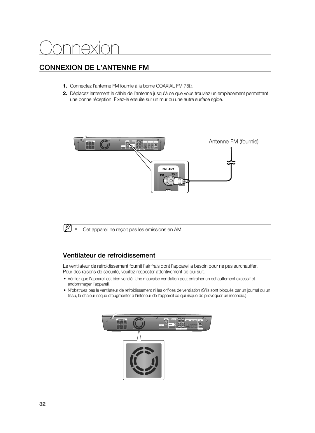 Samsung HT-BD1255R/XEF, HT-BD1250R/XEF manual Connexion DE L’ANTENNE FM, Ventilateur de refroidissement, Antenne FM fournie 