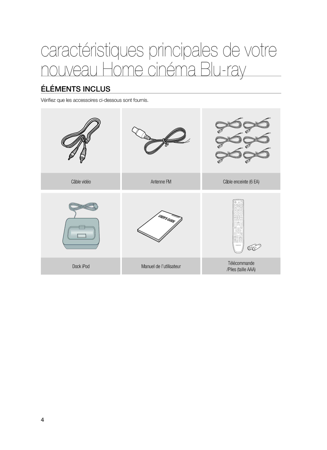 Samsung HT-BD1255R/XEF, HT-BD1250R/XEF manual Éléments Inclus 