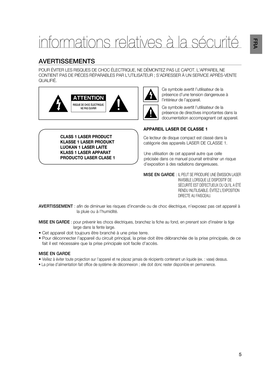 Samsung HT-BD1250R/XEF, HT-BD1255R/XEF manual Avertissements, Mise EN Garde 