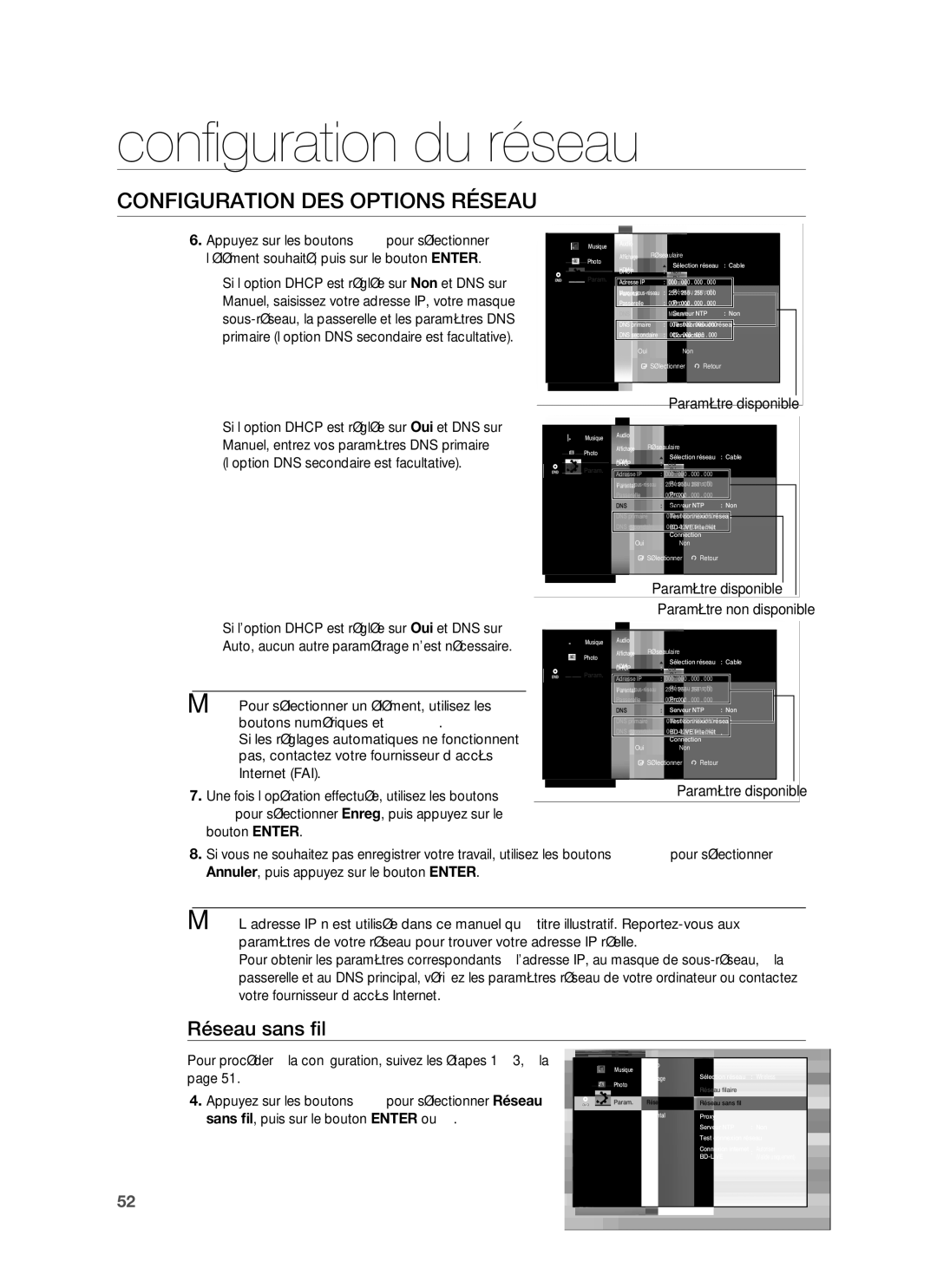 Samsung HT-BD1255R/XEF, HT-BD1250R/XEF manual Réseau sans ﬁl, Paramètre disponible Paramètre non disponible 