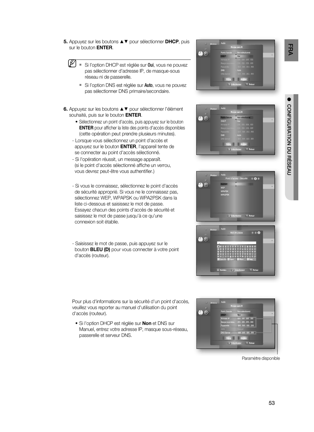 Samsung HT-BD1250R/XEF manual Réseau ni de passerelle, Pas sélectionner DNS primaire/secondaire, Configuration DU Réseau 