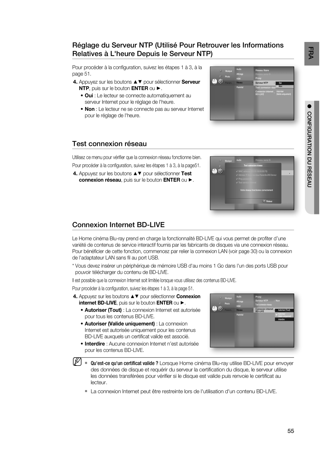 Samsung HT-BD1250R/XEF, HT-BD1255R/XEF manual Test connexion réseau, Connexion Internet BD-LIVE, Configuration, DU Réseau 