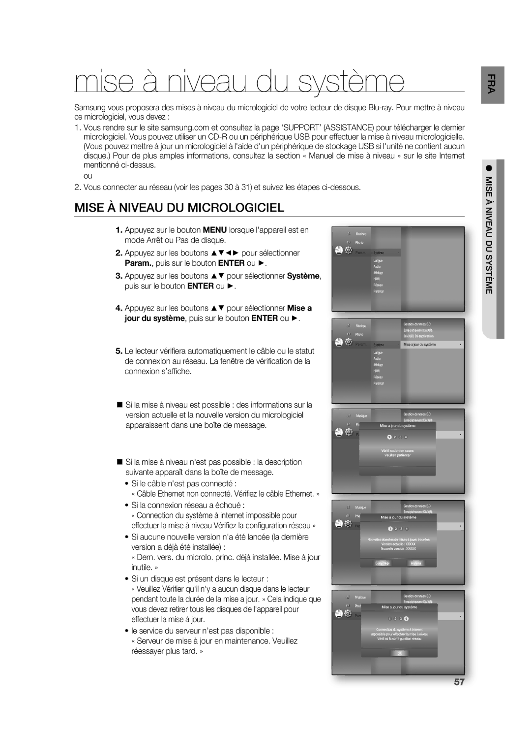 Samsung HT-BD1250R/XEF Mise à niveau du système, Mise À Niveau DU Micrologiciel, Si le câble nest pas connecté, DU Système 