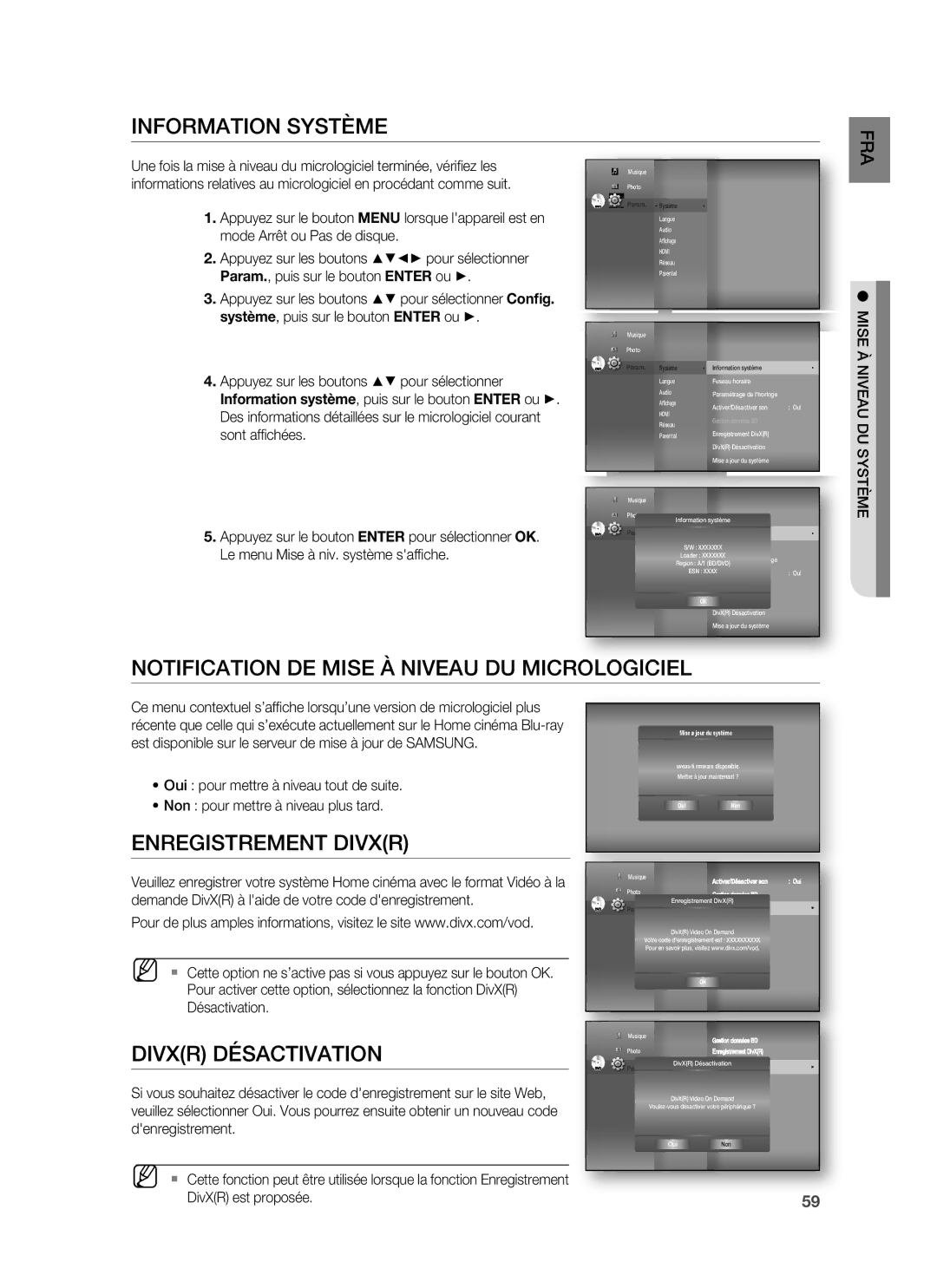 Samsung HT-BD1250R/XEF Information Système, Notification DE Mise À Niveau DU Micrologiciel, Enregistrement Divxr, Fra 