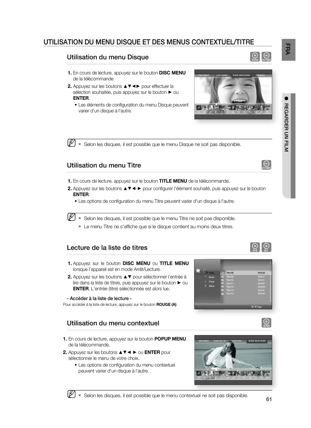 Samsung HT-BD1250R/XEF manual Utilisation DU Menu Disque ET DES Menus CONTEXTUEL/TITRE, Utilisation du menu Disque 