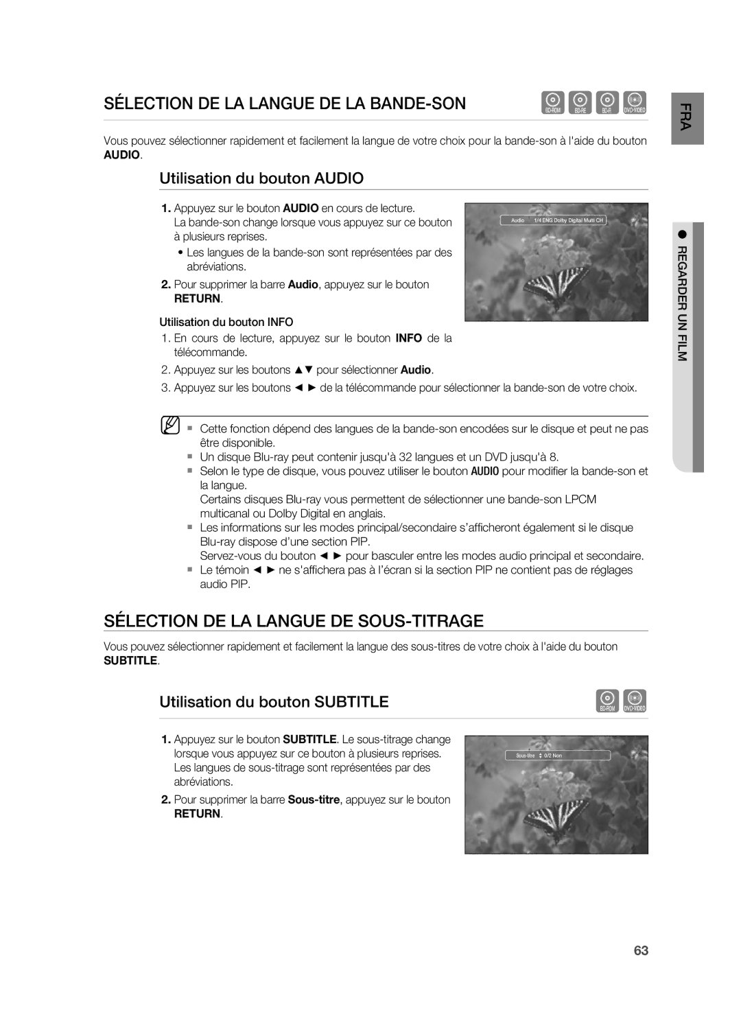 Samsung HT-BD1250R/XEF Sélection DE LA Langue DE SOUS-TITRAGE, Utilisation du bouton Audio, Utilisation du bouton Subtitle 