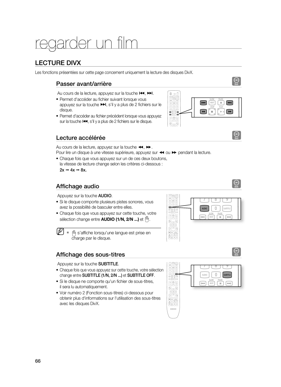 Samsung HT-BD1255R/XEF Lecture Divx, Passer avant/arrière, Lecture accélérée, Afﬁchage audio, Afﬁchage des sous-titres 