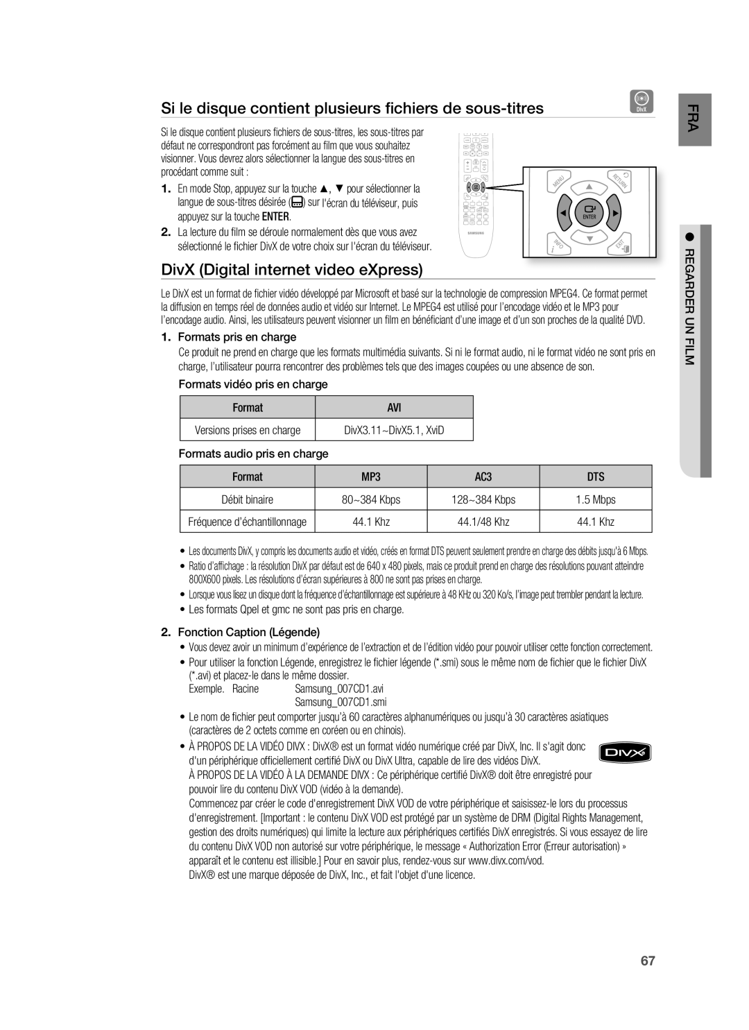 Samsung HT-BD1250R/XEF Si le disque contient plusieurs ﬁchiers de sous-titres, DivX Digital internet video eXpress, Avi 