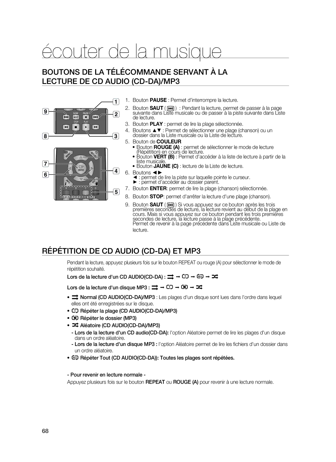 Samsung HT-BD1255R/XEF, HT-BD1250R/XEF manual Écouter de la musique, Répétition DE CD Audio CD-DA ET MP3 