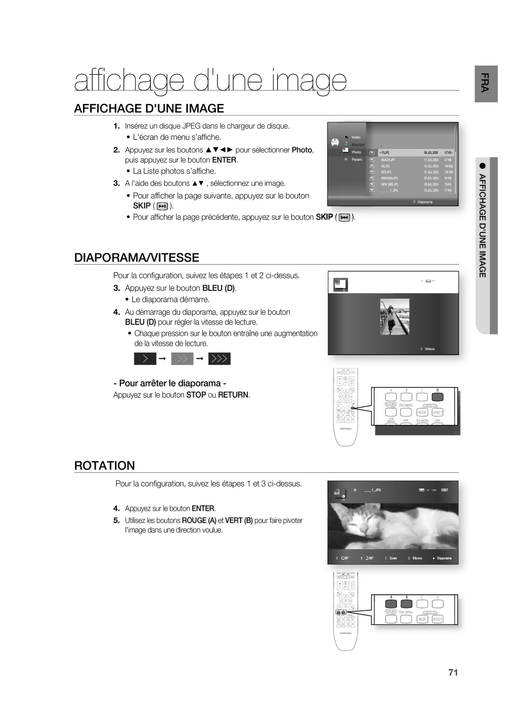 Samsung HT-BD1250R/XEF Afﬁ chage dune image, Affichage Dune Image, Diaporama/Vitesse, Rotation, Pour arrêter le diaporama 