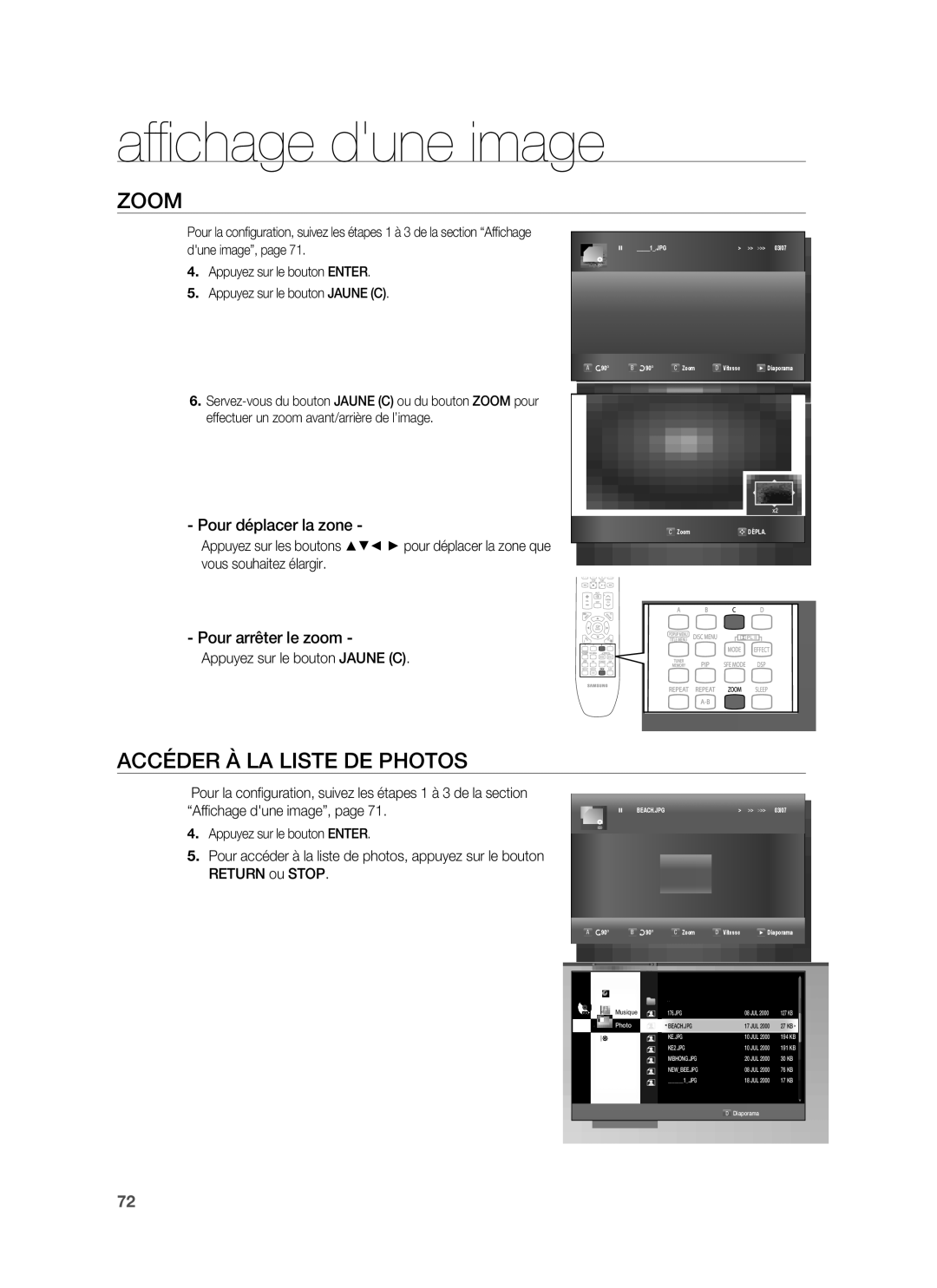 Samsung HT-BD1255R/XEF, HT-BD1250R/XEF Zoom, Accéder À LA Liste DE Photos, Pour déplacer la zone, Pour arrêter le zoom 