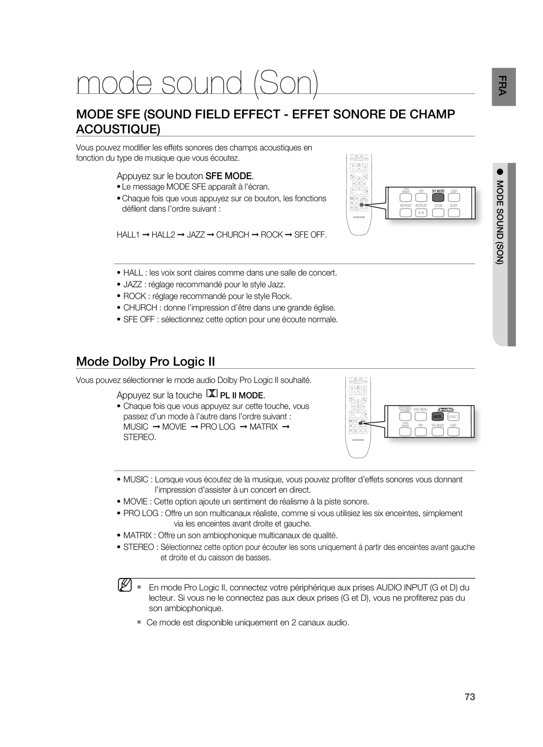 Samsung HT-BD1250R/XEF, HT-BD1255R/XEF Mode sound Son, Appuyez sur le bouton SFE Mode, Appuyez sur la touche PL II Mode 