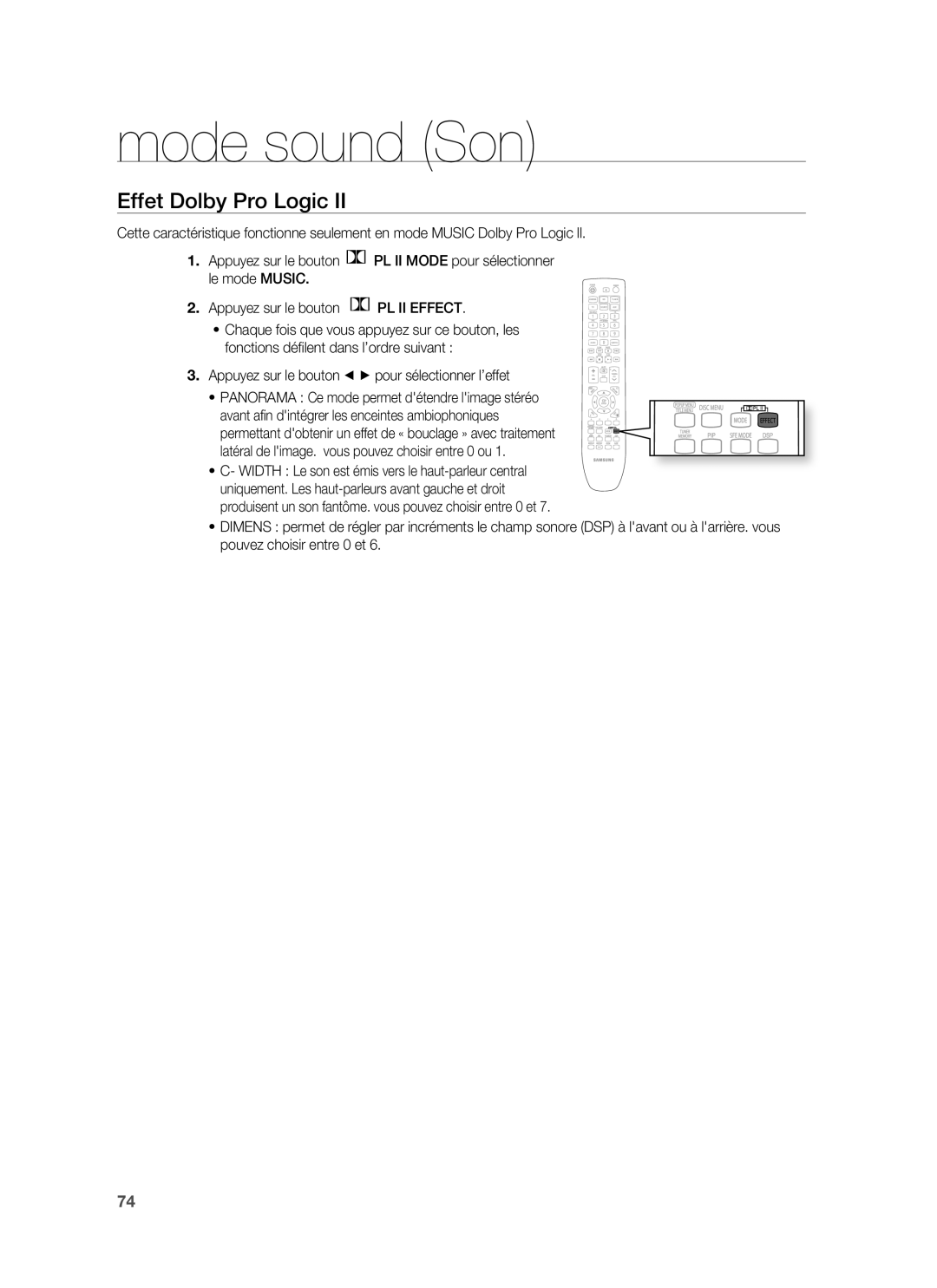 Samsung HT-BD1255R/XEF, HT-BD1250R/XEF manual Effet Dolby Pro Logic, Appuyez sur le bouton pour sélectionner l’effet 