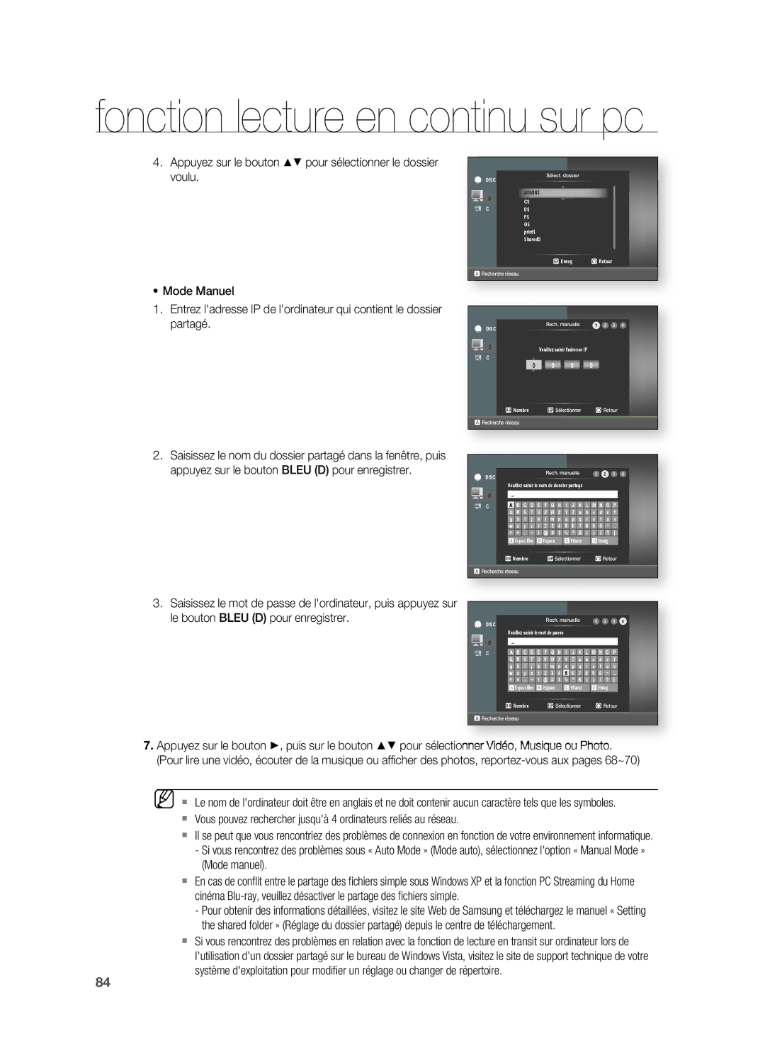 Samsung HT-BD1255R/XEF, HT-BD1250R/XEF manual Fonction lecture en continu sur pc 