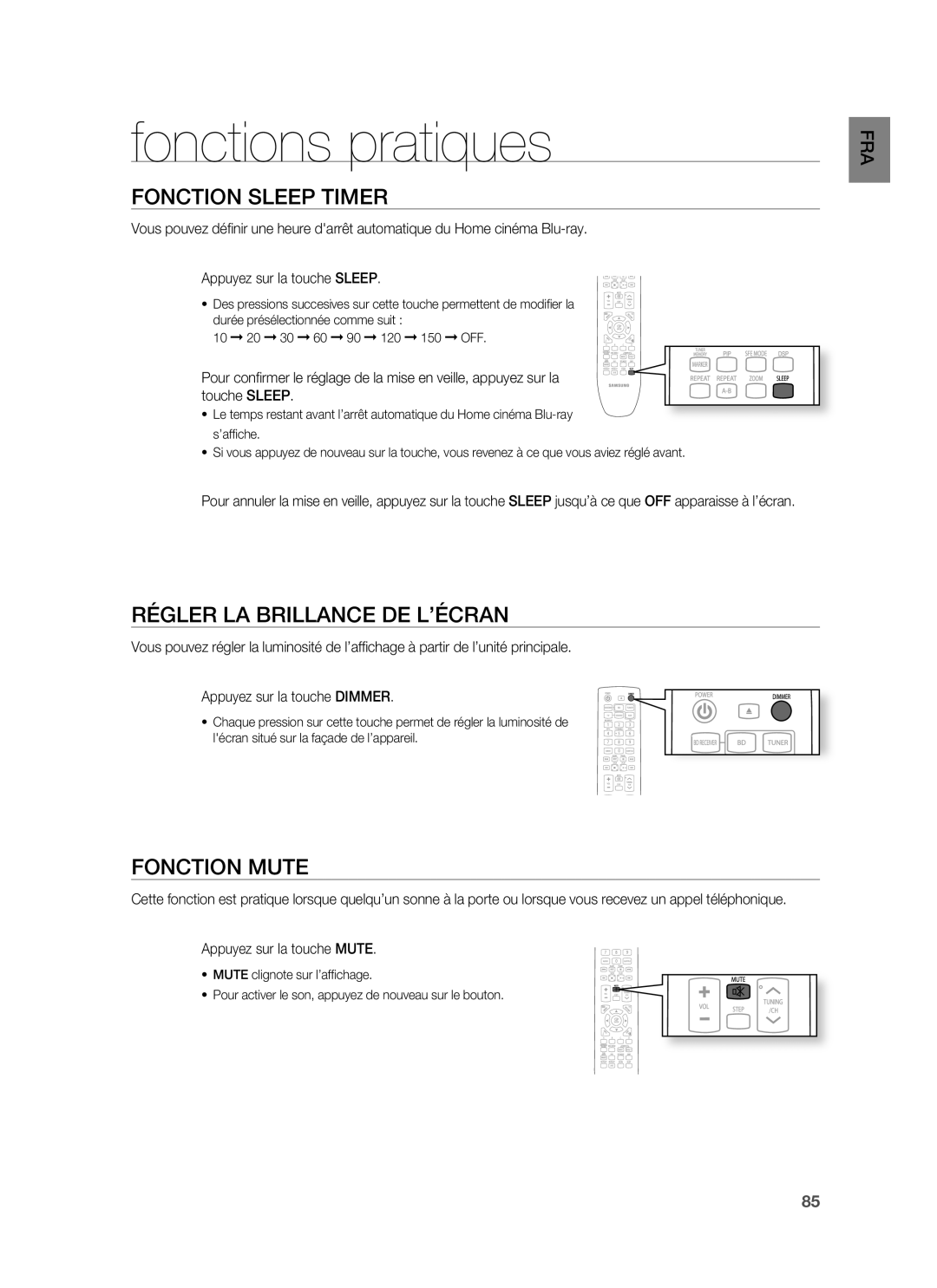 Samsung HT-BD1250R/XEF manual Fonctions pratiques, Fonction Sleep Timer, Régler LA Brillance DE L’ÉCRAN, Fonction Mute 