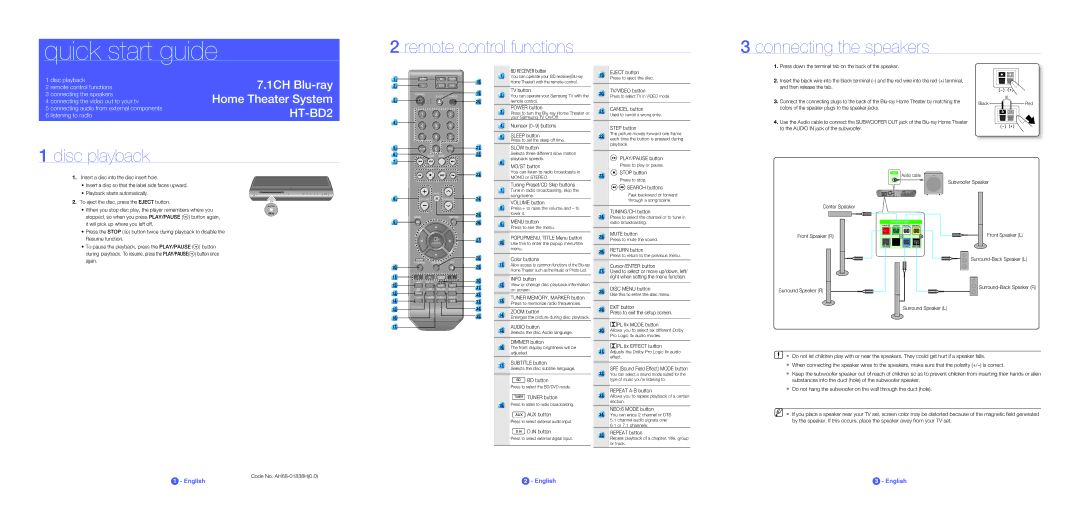 Samsung HT-BD2-XAC quick start Remote control functions Connecting the speakers, Disc playback 