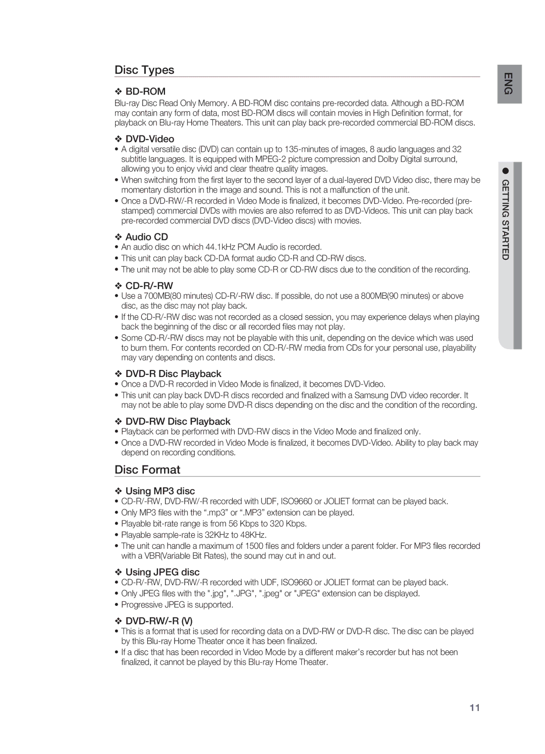 Samsung HT-BD2 manual Disc Types, Disc Format 