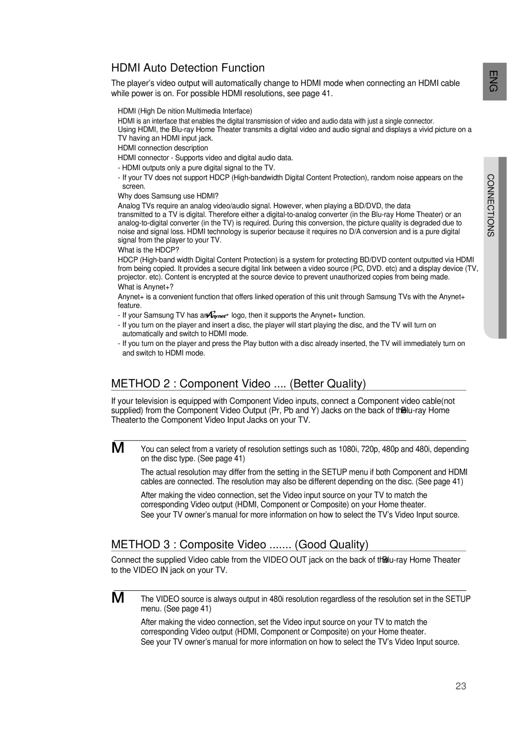 Samsung HT-BD2 manual Hdmi Auto Detection Function, Method 2 Component Video .... Better Quality 