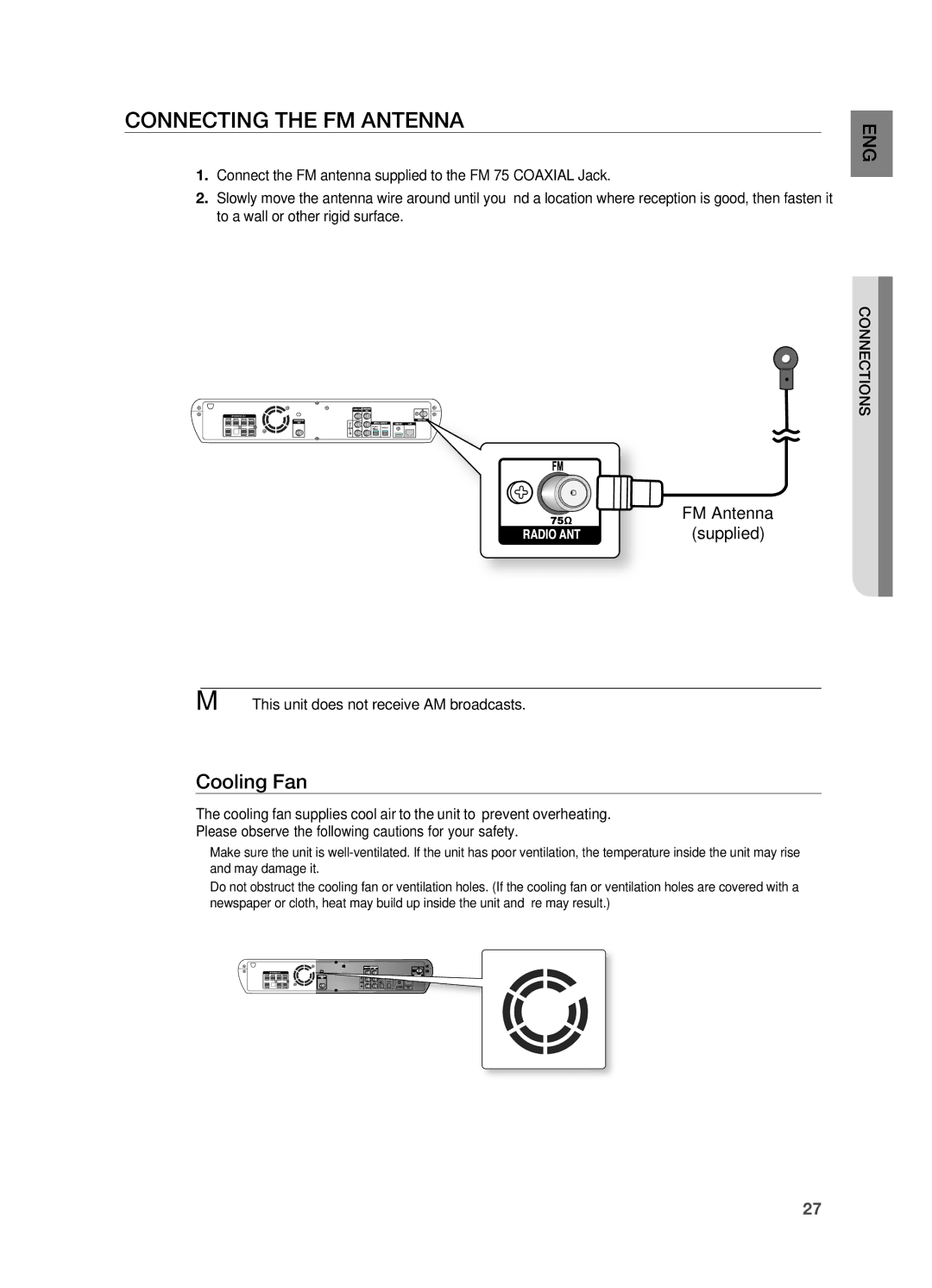 Samsung HT-BD2 Connecting the FM Antenna, Cooling Fan, FM Antenna Supplied,  This unit does not receive AM broadcasts 