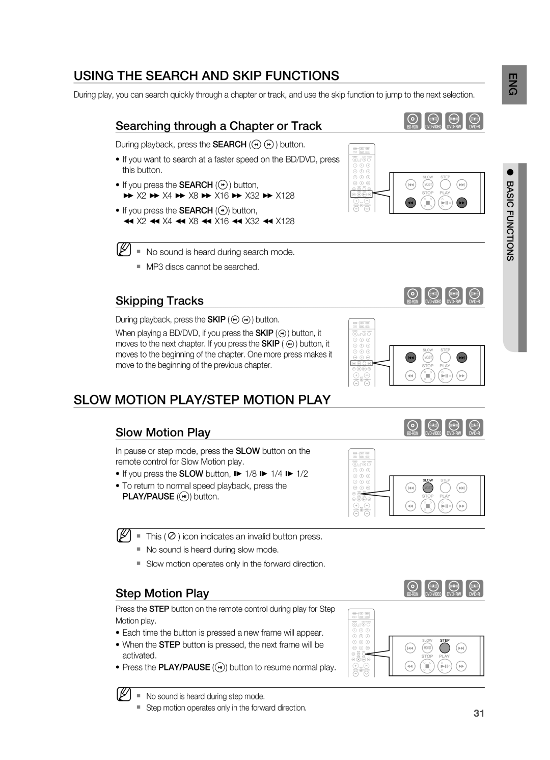 Samsung HT-BD2 manual Using the Search and Skip Functions, Slow Motion PLAY/STEP Motion Play 