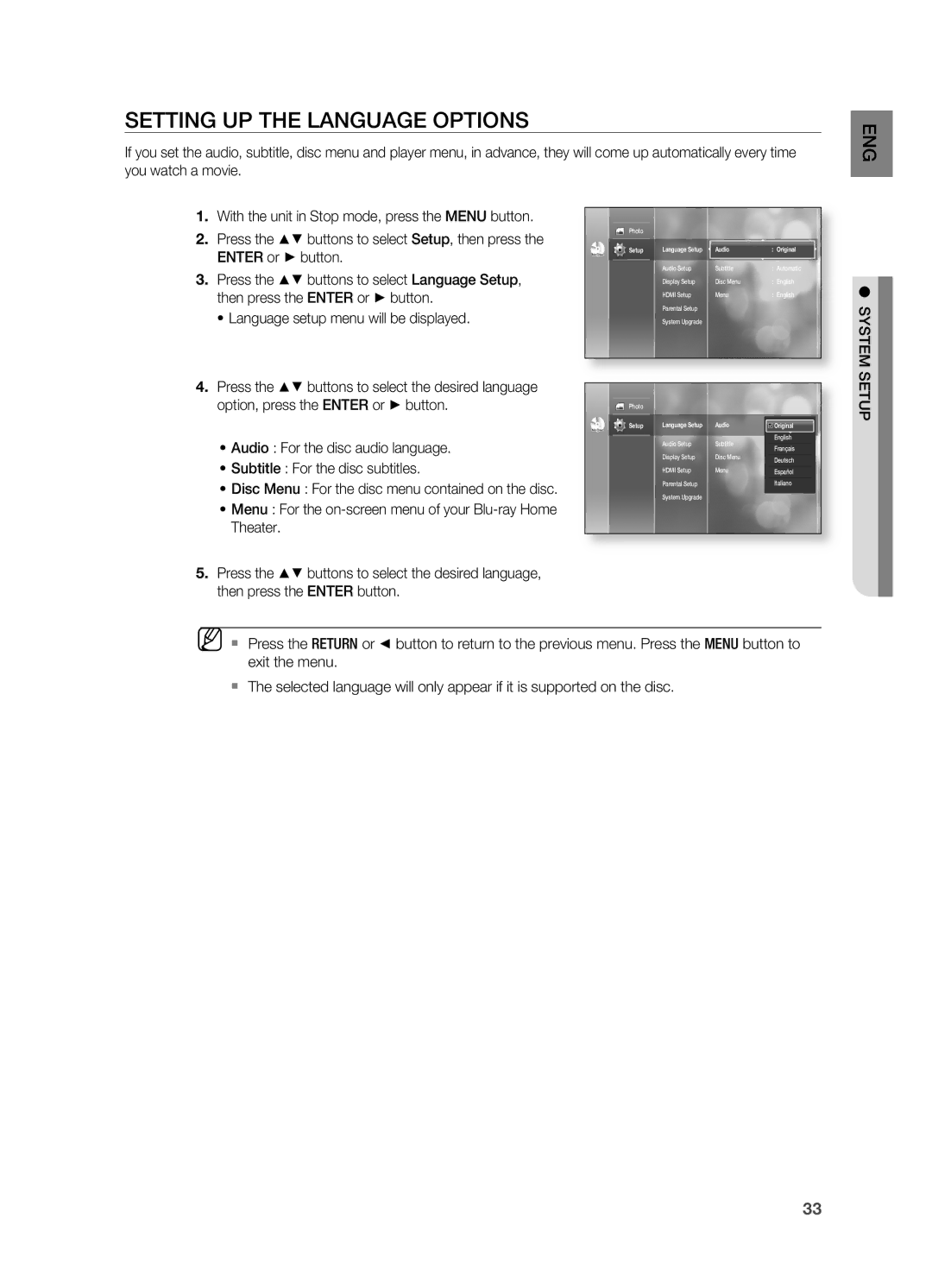 Samsung HT-BD2 manual Setting UP the Language Options, System Setup, Audio For the disc audio language 