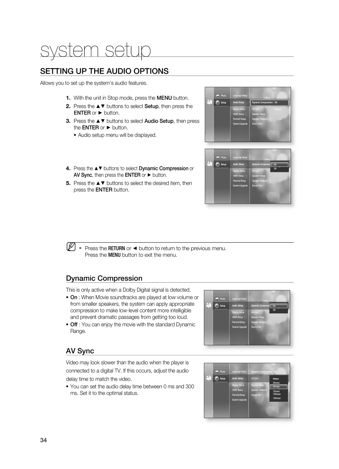 Samsung HT-BD2 Setting UP the Audio Options, Dynamic Compression, AV Sync, Prevent dramatic passages from getting too loud 