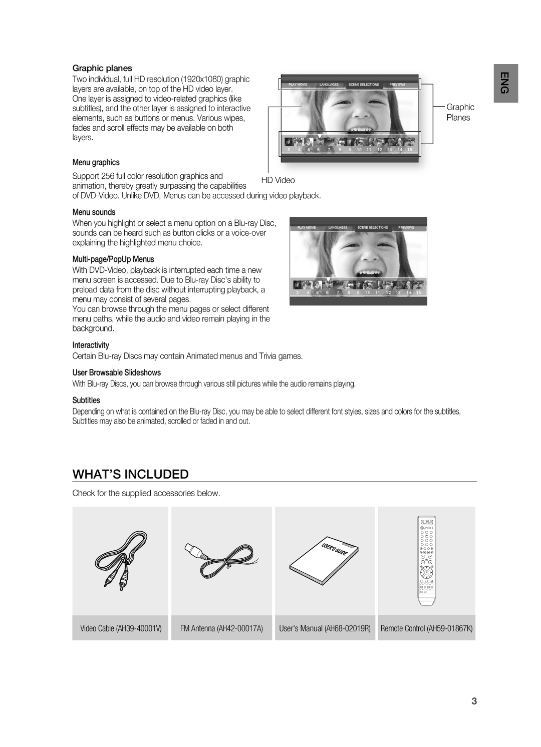 Samsung HT-BD2 manual WHAT’S Included, Graphic planes, Menu sounds, Menu may consist of several pages 