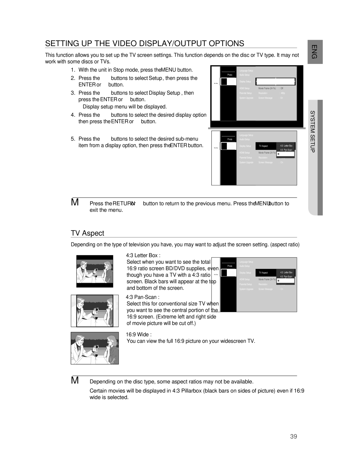 Samsung HT-BD2 manual Setting UP the Video DISPLAY/OUTPUT Options, TV Aspect, Bottom of the screen Pan-Scan, Wide 