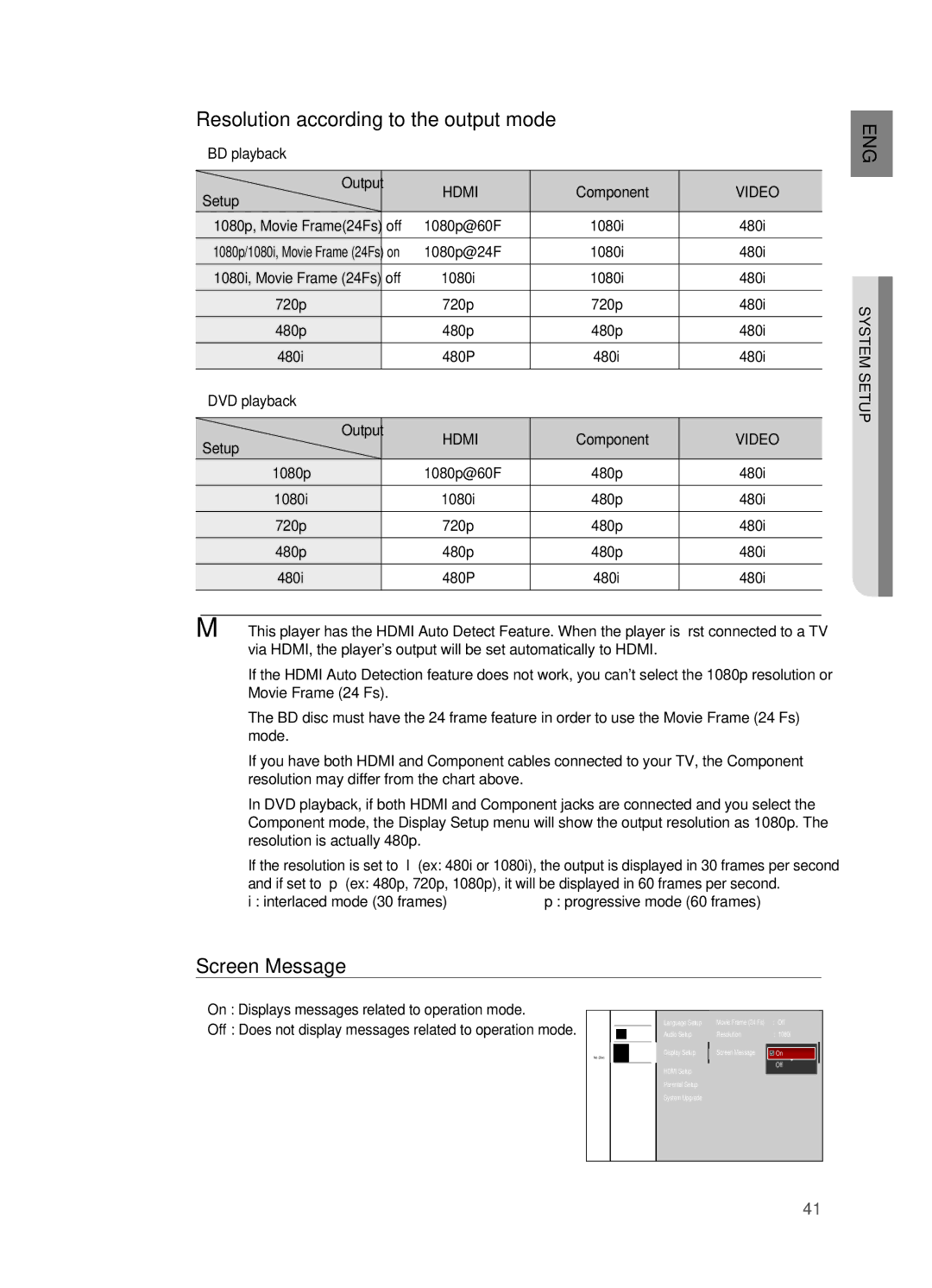 Samsung HT-BD2 manual Resolution according to the output mode, Screen Message, Video 