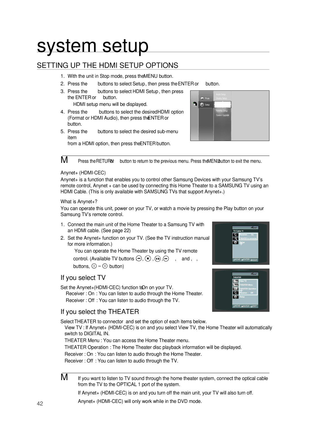 Samsung HT-BD2 manual Setting UP the Hdmi Setup Options, If you select TV, If you select the Theater 