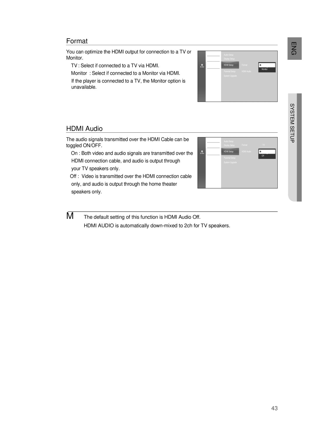 Samsung HT-BD2 manual TV Select if connected to a TV via Hdmi, Monitor Select if connected to a Monitor via Hdmi 