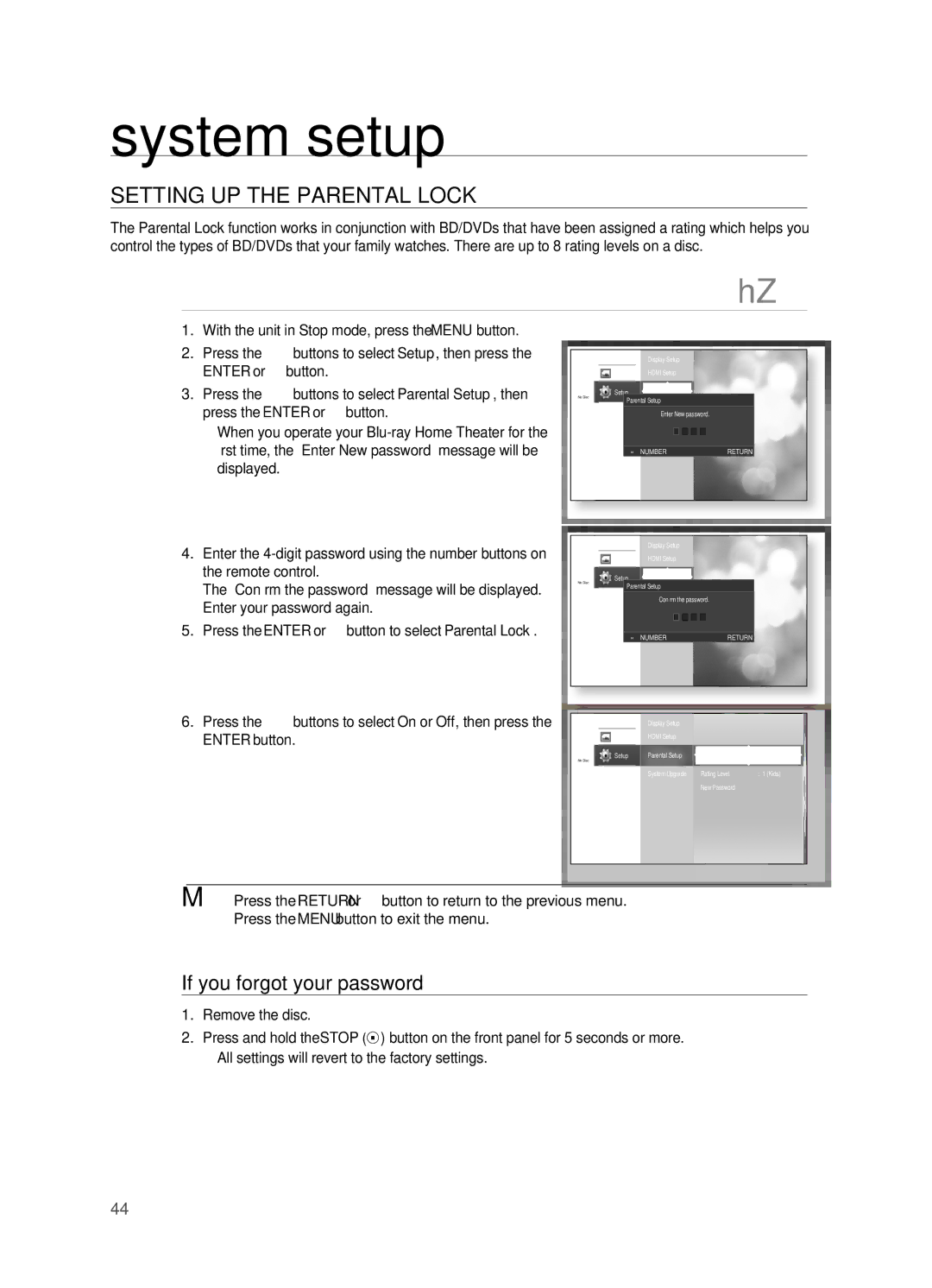 Samsung HT-BD2 Setting UP the Parental Lock, If you forgot your password, Parental Setup, Parental Lock Off Rating Level 