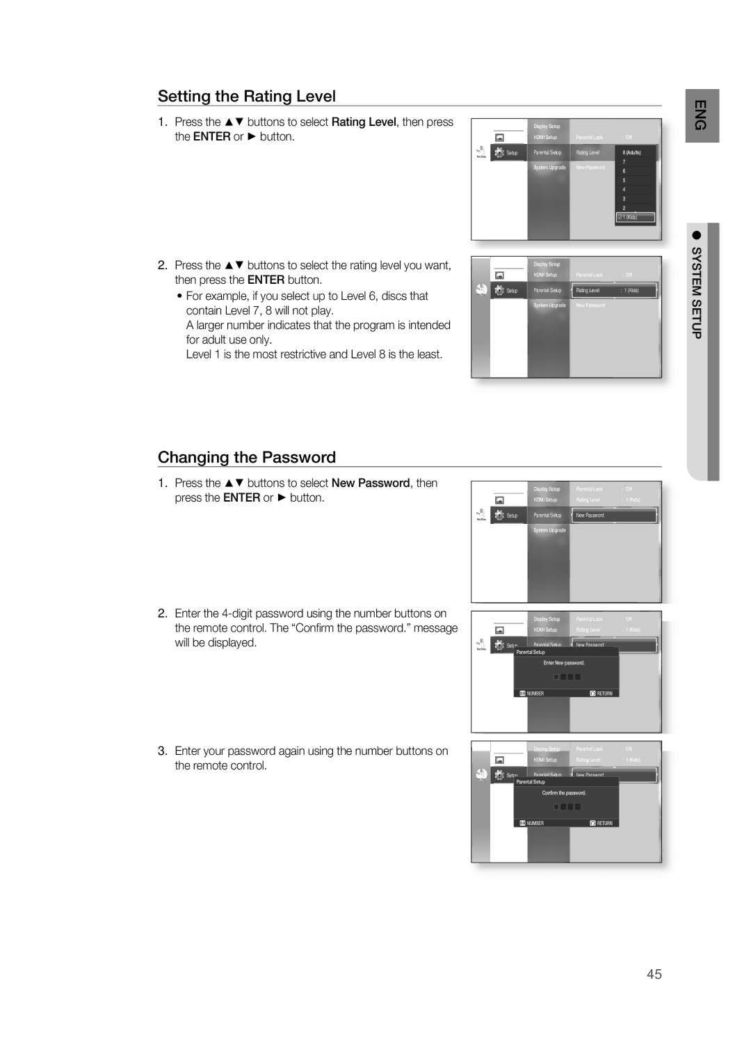 Samsung HT-BD2 manual Setting the Rating Level, Changing the Password, Press the $% buttons to select New Password, then 