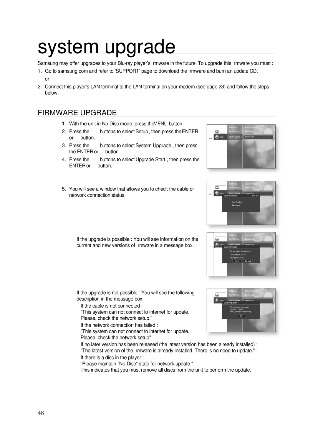 Samsung HT-BD2 manual System upgrade, Firmware Upgrade, Upgrade Start 