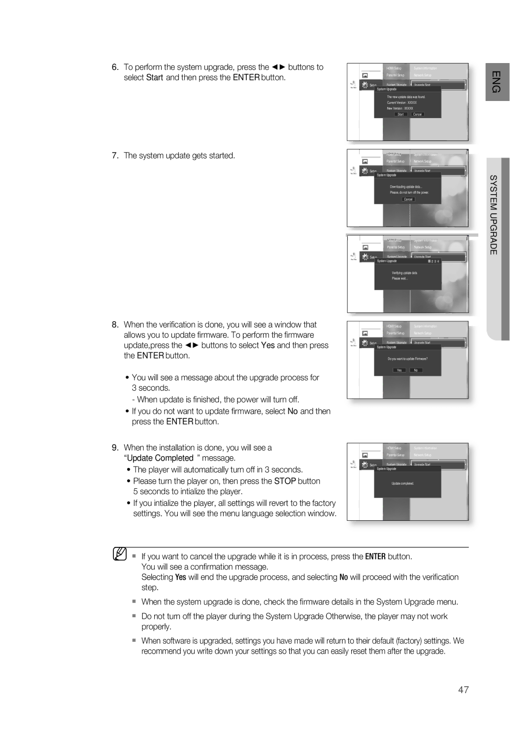 Samsung HT-BD2 manual To perform the system upgrade, press the + buttons to, Select Start and then press the Enter button 