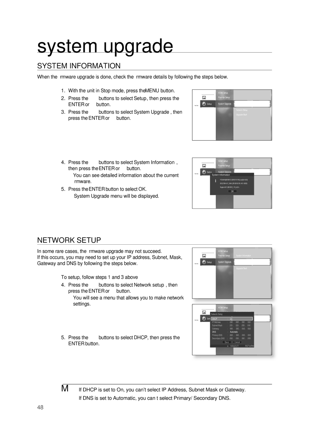 Samsung HT-BD2 manual System Information, Network Setup, Settings 