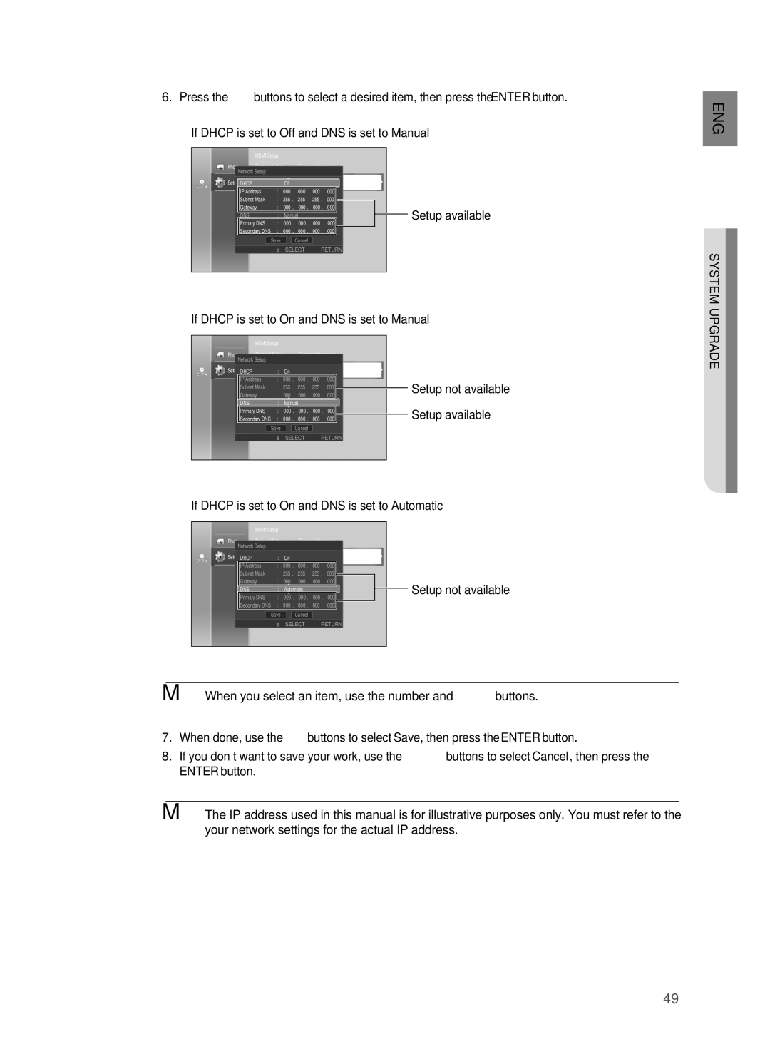 Samsung HT-BD2 manual Setup available, System, If Dhcp is set to On and DNS is set to Manual 