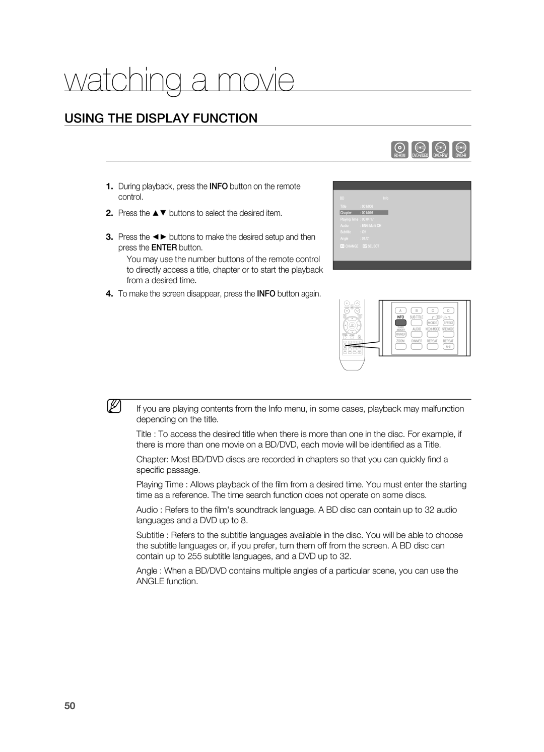 Samsung HT-BD2 manual Watching a movie, Using the Display Function 