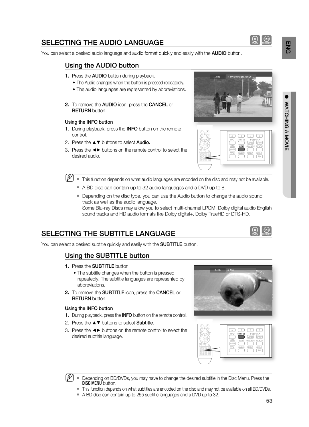 Samsung HT-BD2 Selecting the Audio Language, Selecting the Subtitle Language, Using the Audio button, Watching a Movie 